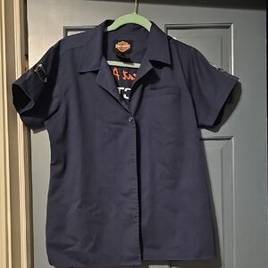 VINTAGE Harley-Davidson Navy Short Sleeve Shirt Factory Tour Motorcycle Large